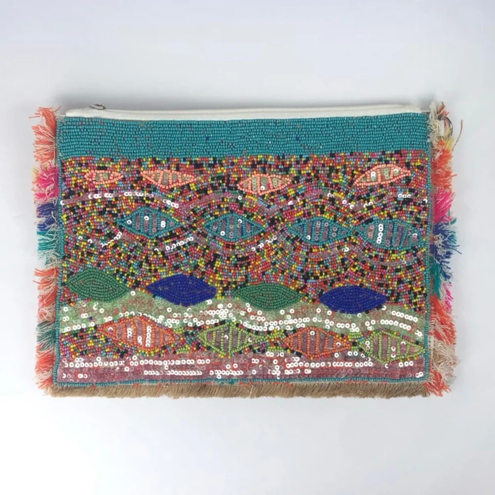 Tommy’s Jolly Peyote Bird Hand Beaded Sequin Colorful Fringe Clutch Bag